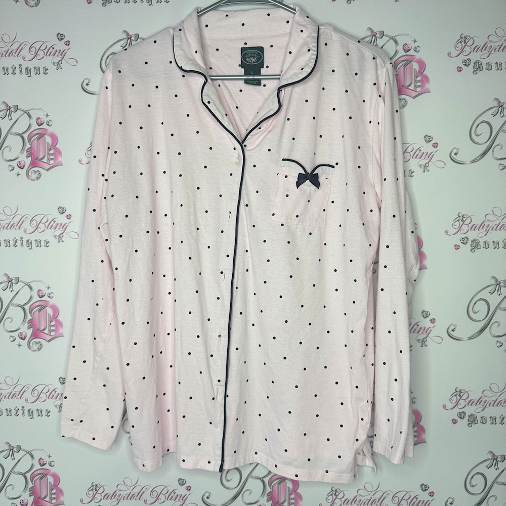Laura Ashley button down top PJ polka dot pink black pocket ribbon 🎀 bow soft